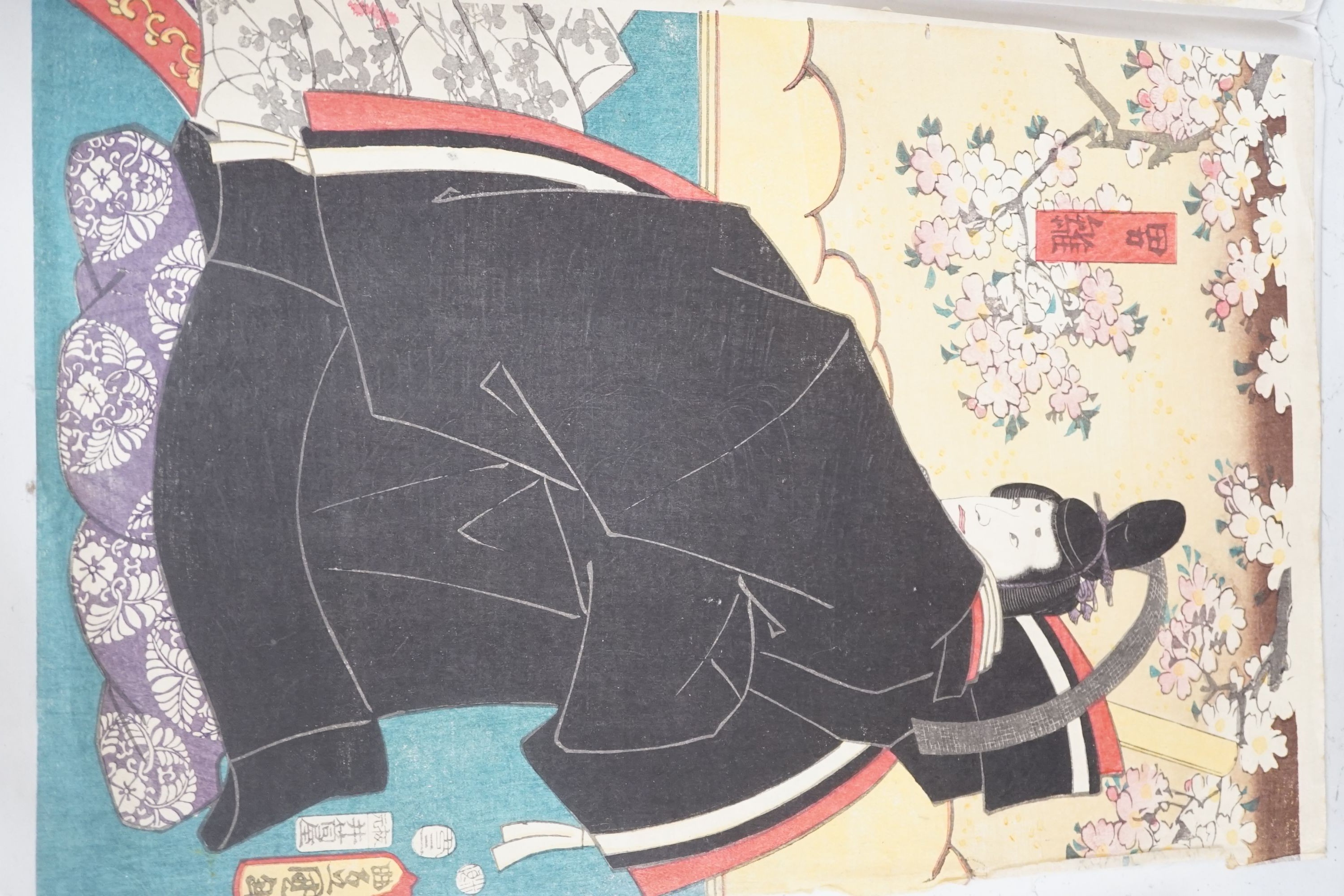 Kunisada, pair of woodblock prints, Actors on stage, 36 x 25cm, unframed
